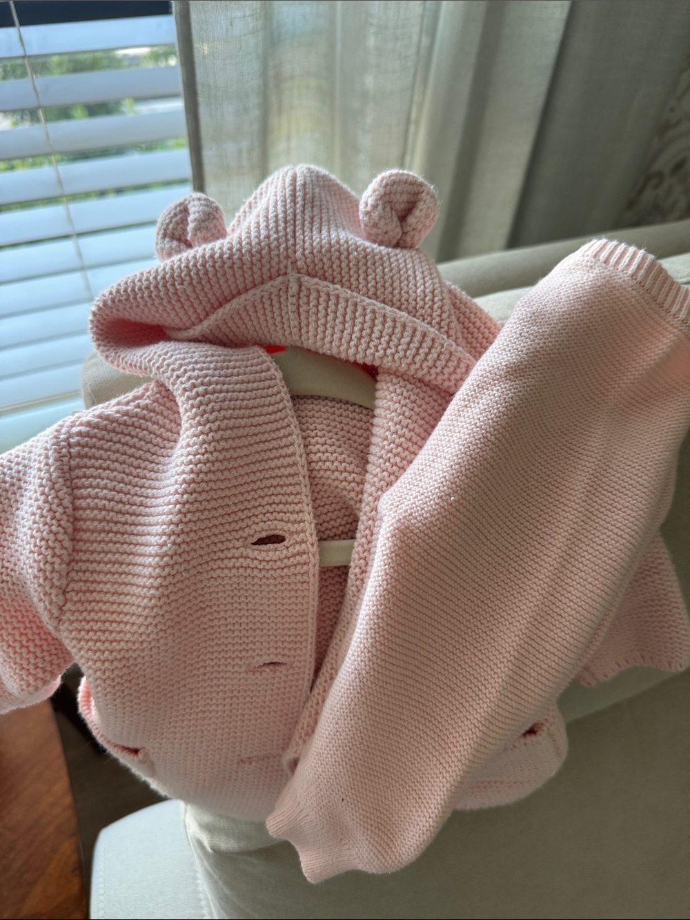 Cute Pink Knit Hooded Matching Set with Ear Detail